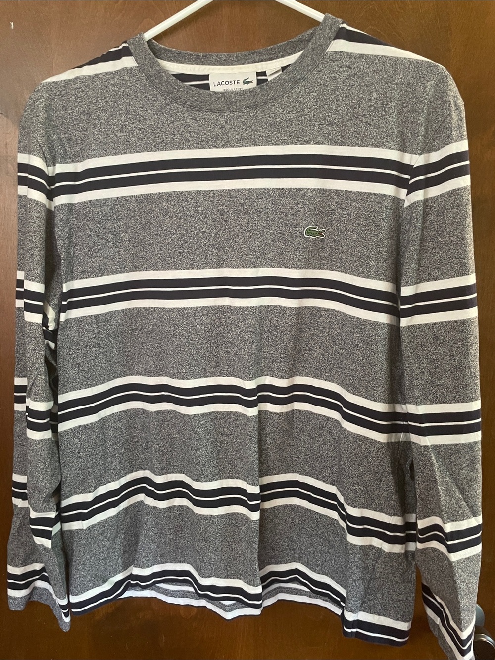 Lacoste Gray, White & Navy Striped Long Sleeve Top with Green Croc